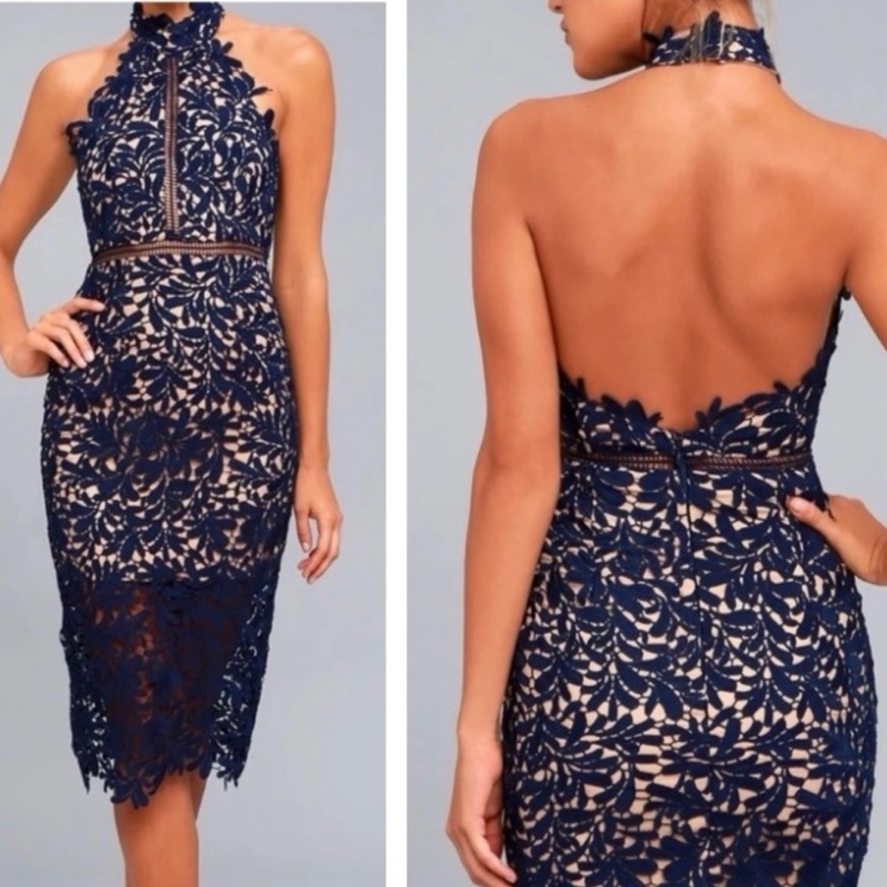 NWT Lulus Divine Destiny Navy Blue Lace Midi Dress